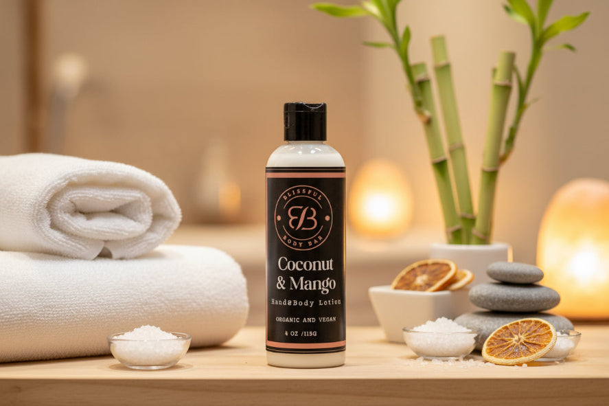 Bottle of coconut and mango body lotion on a wooden surface with towels, candles, and plants in the background.